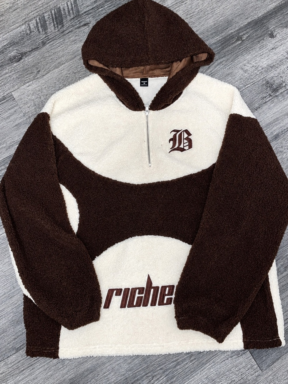 Riche Brown & Cream Sherpa V-Neck Hoodie Sweater